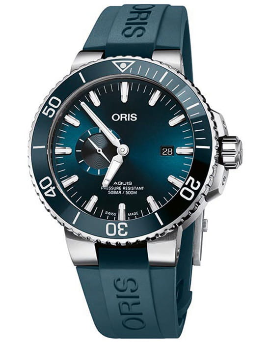 Oris Oris Aquis Small Second, Date 01 743 7733 4155-07 4 24 69EB  01 743 7733 4155-07 4 24 69EB механические мужские часы синий циферблат, браслет каучук — вид спереди